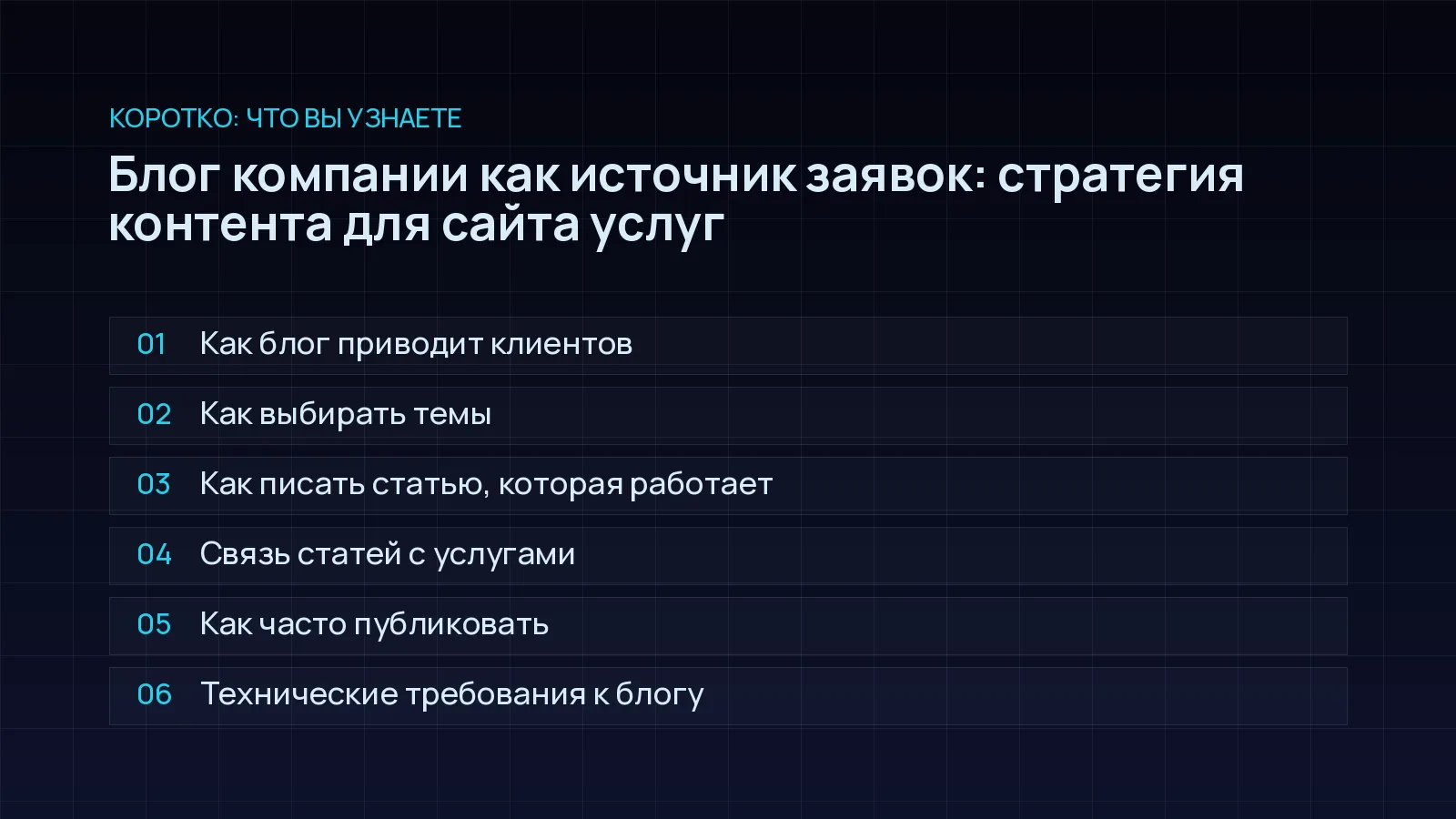 План статьи «Блог компании как источник заявок: стратегия контента для сайта услуг»: Как блог приводит клиентов; Как выбирать темы; Как писать статью, которая работает; Связь статей с услугами; Как часто публиковать; Технические требования к блогу