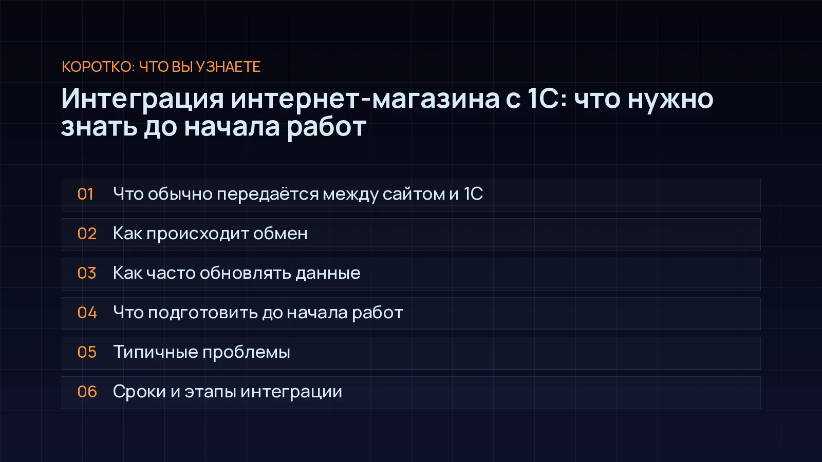 План статьи «Интеграция интернет-магазина с 1С: что нужно знать до начала работ»: Что обычно передаётся между сайтом и 1С; Как происходит обмен; Как часто обновлять данные; Что подготовить до начала работ; Типичные проблемы; Сроки и этапы интеграции