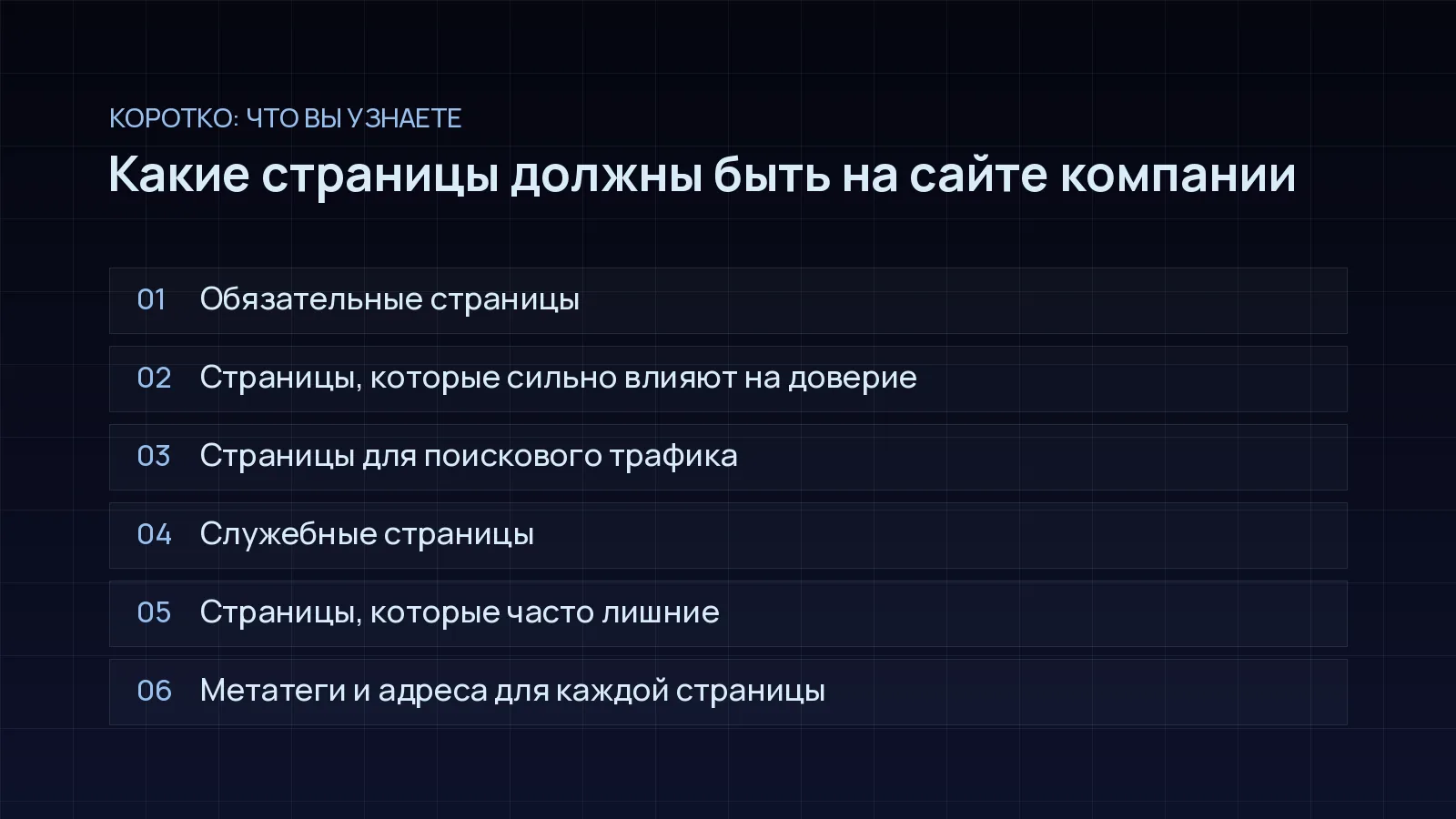 План статьи «Какие страницы должны быть на сайте компании»: Обязательные страницы; Страницы, которые сильно влияют на доверие; Страницы для поискового трафика; Служебные страницы; Страницы, которые часто лишние; Метатеги и адреса для каждой страницы
