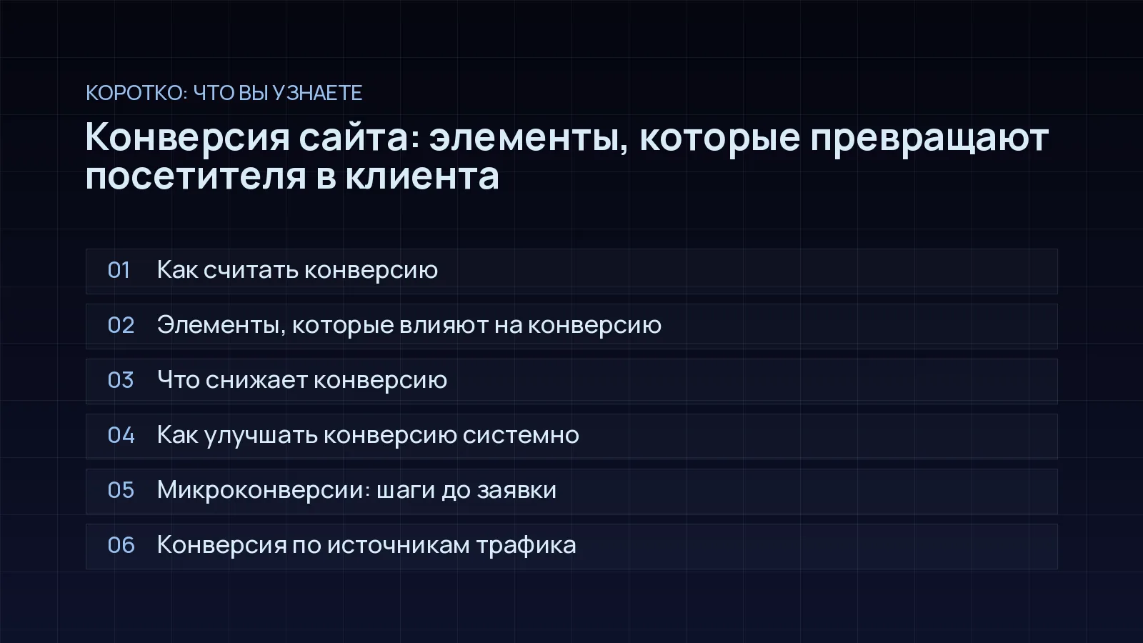 План статьи «Конверсия сайта: элементы, которые превращают посетителя в клиента»: Как считать конверсию; Элементы, которые влияют на конверсию; Что снижает конверсию; Как улучшать конверсию системно; Микроконверсии: шаги до заявки; Конверсия по источникам трафика