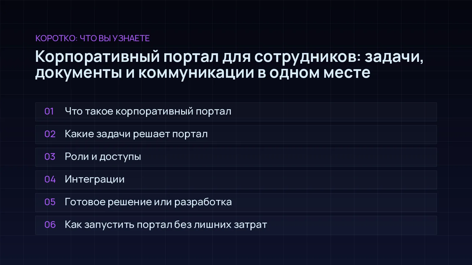 План статьи «Корпоративный портал для сотрудников: задачи, документы и коммуникации в одном месте»: Что такое корпоративный портал; Какие задачи решает портал; Роли и доступы; Интеграции; Готовое решение или разработка; Как запустить портал без лишних затрат