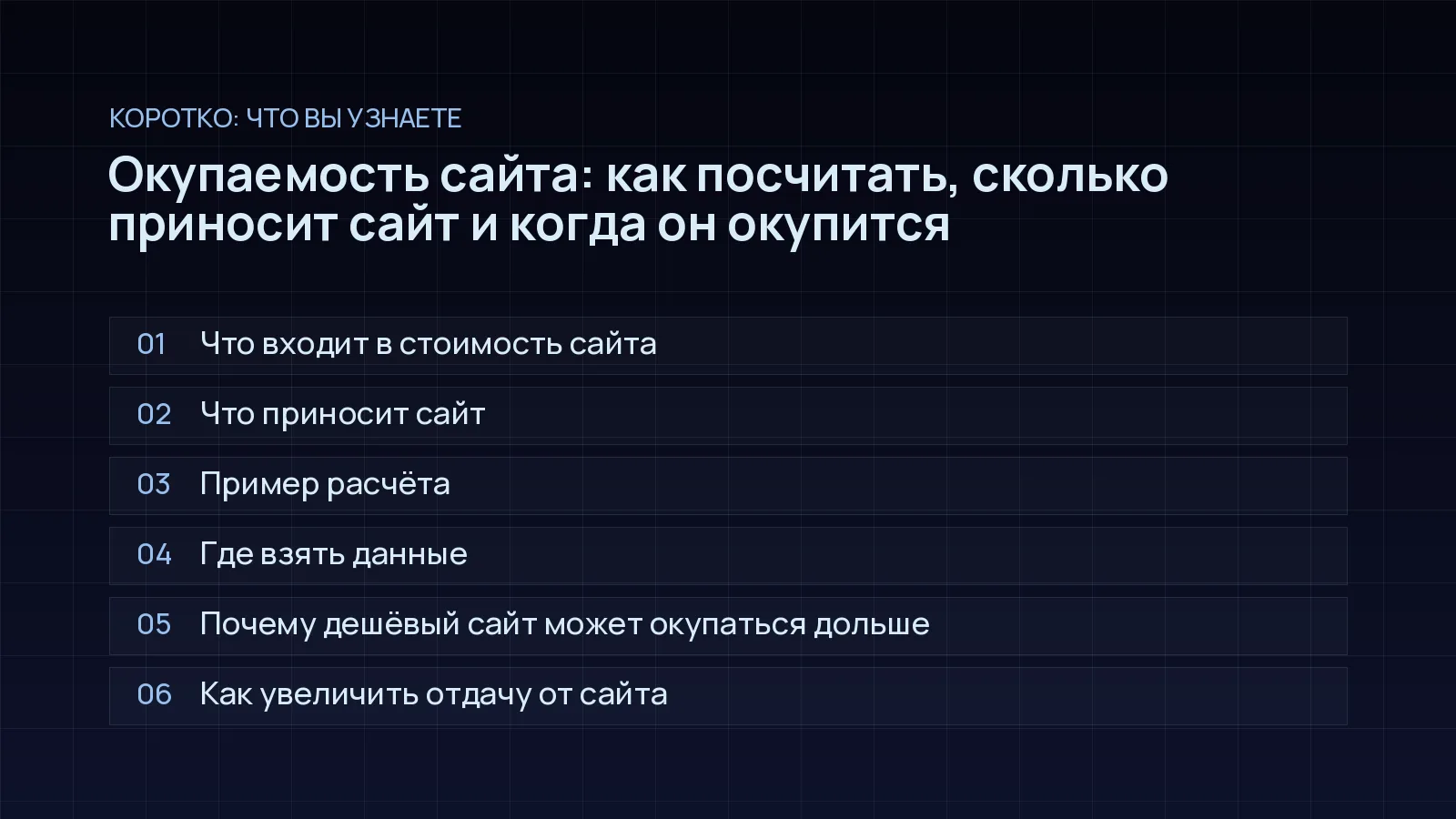 План статьи «Окупаемость сайта: как посчитать, сколько приносит сайт и когда он окупится»: Что входит в стоимость сайта; Что приносит сайт; Пример расчёта; Где взять данные; Почему дешёвый сайт может окупаться дольше; Как увеличить отдачу от сайта