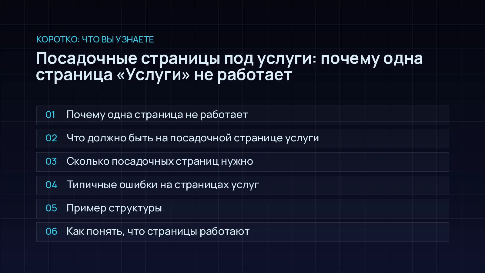 План статьи «Посадочные страницы под услуги: почему одна страница «Услуги» не работает»: Почему одна страница не работает; Что должно быть на посадочной странице услуги; Сколько посадочных страниц нужно; Типичные ошибки на страницах услуг; Пример структуры; Как понять, что страницы работают