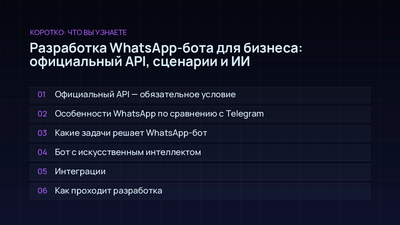 План статьи «Разработка WhatsApp-бота для бизнеса: официальный API, сценарии и ИИ»: Официальный API — обязательное условие; Особенности WhatsApp по сравнению с Telegram; Какие задачи решает WhatsApp-бот; Бот с искусственным интеллектом; Интеграции; Как проходит разработка
