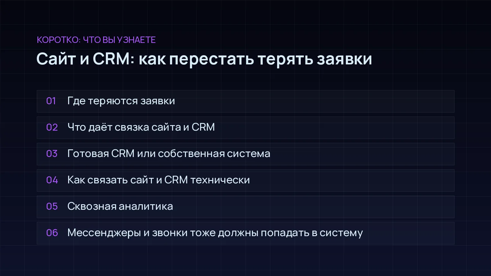 План статьи «Сайт и CRM: как перестать терять заявки»: Где теряются заявки; Что даёт связка сайта и CRM; Готовая CRM или собственная система; Как связать сайт и CRM технически; Сквозная аналитика; Мессенджеры и звонки тоже должны попадать в систему