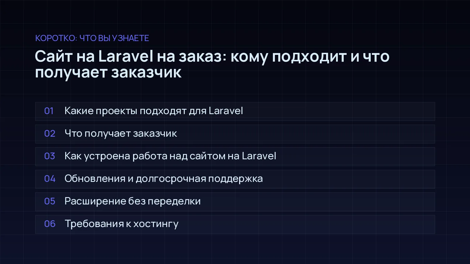 План статьи «Сайт на Laravel на заказ: кому подходит и что получает заказчик»: Какие проекты подходят для Laravel; Что получает заказчик; Как устроена работа над сайтом на Laravel; Обновления и долгосрочная поддержка; Расширение без переделки; Требования к хостингу