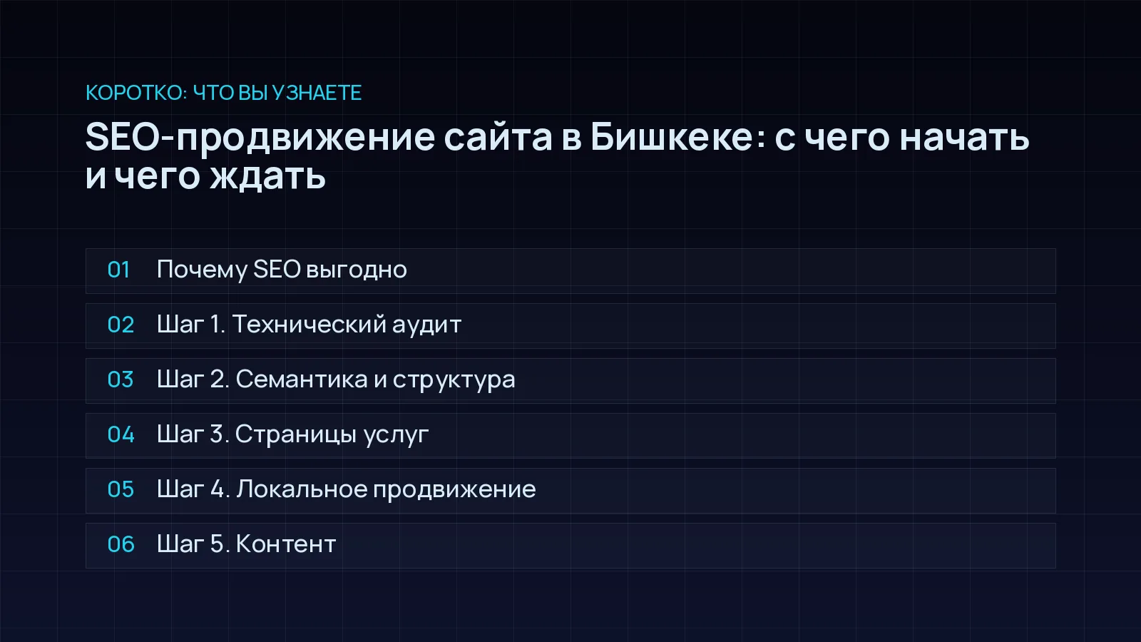 План статьи «SEO-продвижение сайта в Бишкеке: с чего начать и чего ждать»: Почему SEO выгодно; Шаг 1. Технический аудит; Шаг 2. Семантика и структура; Шаг 3. Страницы услуг; Шаг 4. Локальное продвижение; Шаг 5. Контент