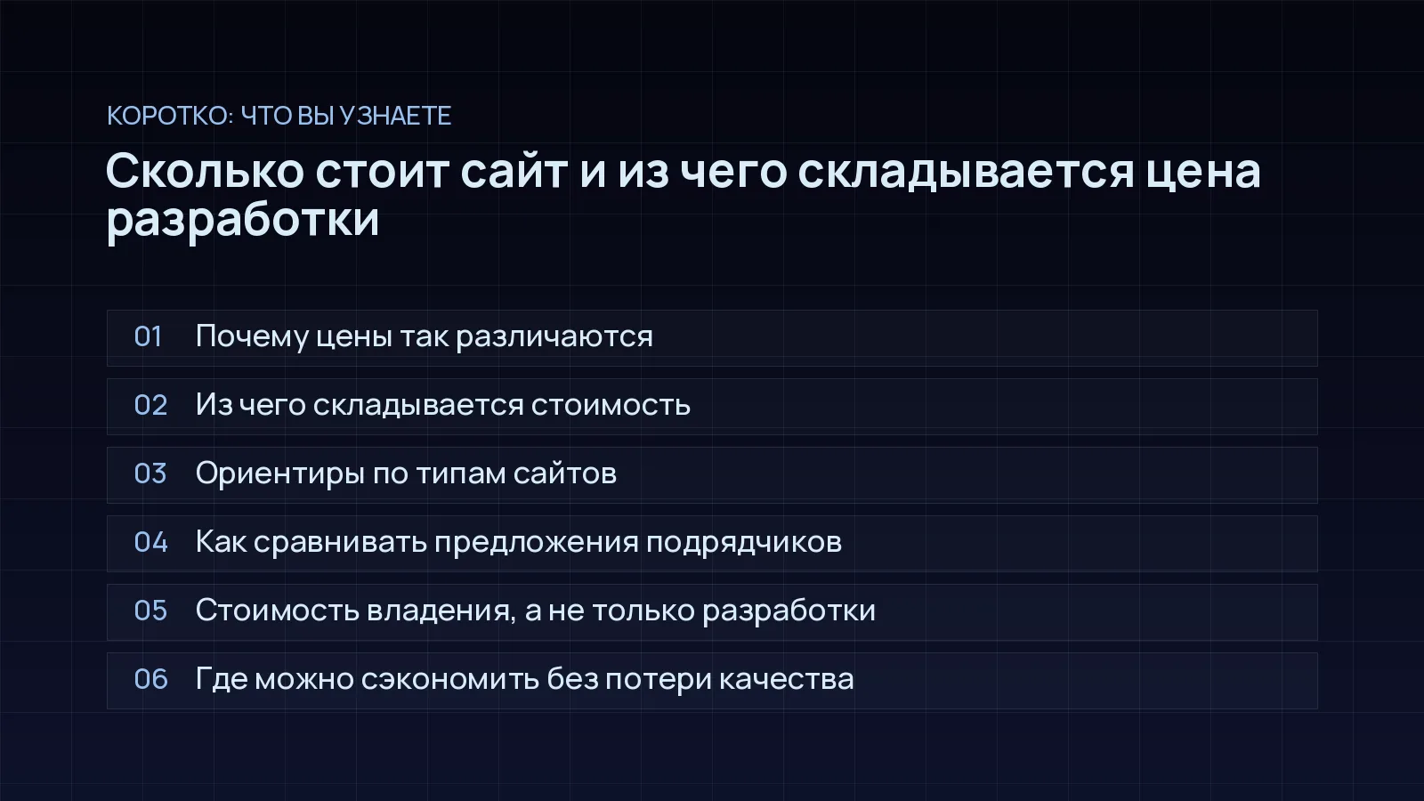 План статьи «Сколько стоит сайт и из чего складывается цена разработки»: Почему цены так различаются; Из чего складывается стоимость; Ориентиры по типам сайтов; Как сравнивать предложения подрядчиков; Стоимость владения, а не только разработки; Где можно сэкономить без потери качества