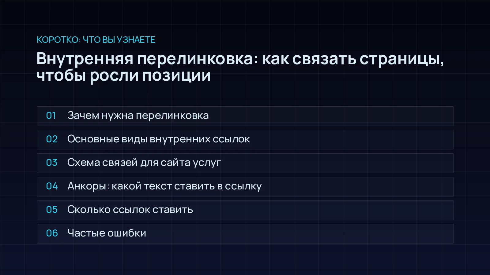 План статьи «Внутренняя перелинковка: как связать страницы, чтобы росли позиции»: Зачем нужна перелинковка; Основные виды внутренних ссылок; Схема связей для сайта услуг; Анкоры: какой текст ставить в ссылку; Сколько ссылок ставить; Частые ошибки