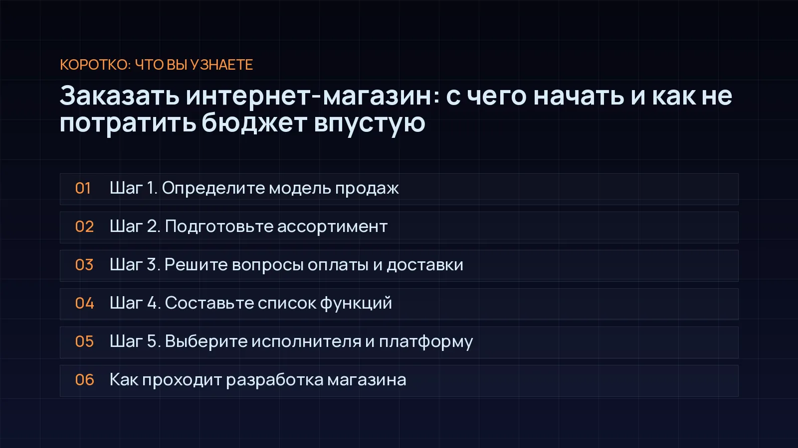 План статьи «Заказать интернет-магазин: с чего начать и как не потратить бюджет впустую»: Шаг 1. Определите модель продаж; Шаг 2. Подготовьте ассортимент; Шаг 3. Решите вопросы оплаты и доставки; Шаг 4. Составьте список функций; Шаг 5. Выберите исполнителя и платформу; Как проходит разработка магазина